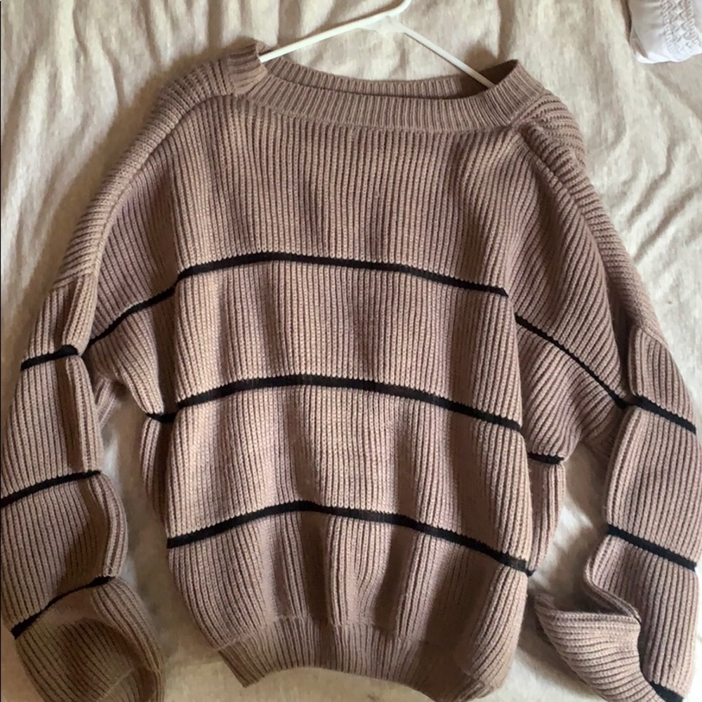 Purple sweater with black stripes